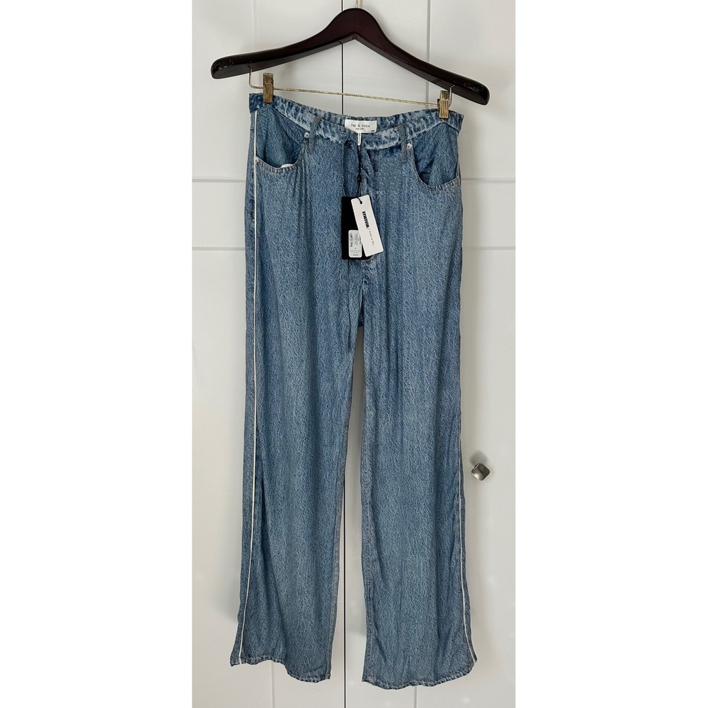 Rag & Bone Miramar Slink Lounge Pant Blue Denim Print Wide Leg Side Stripe M NWT